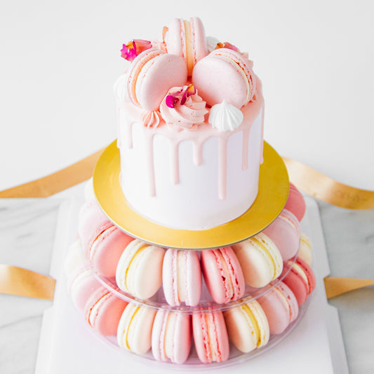 Macaron Cake Tower - Lychee Rose Petite Cake with 40 pcs macarons - $128 Nett