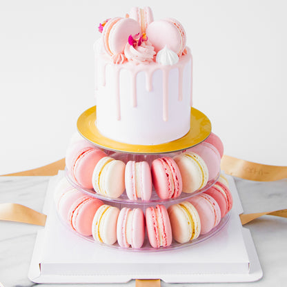 Macaron Cake Tower - Lychee Rose Petite Cake with 40 pcs macarons - $128 Nett