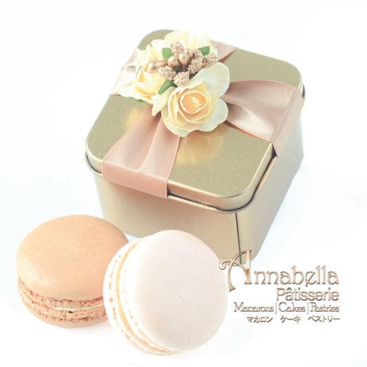 Wedding Door-Gift | 2pcs Macarons in Gold Tin Box with Ribbon